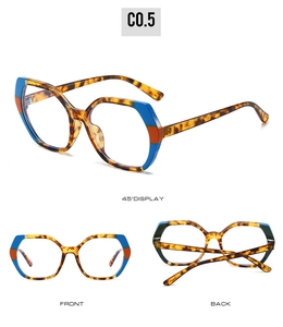 Detailed multi-angle views of TR90 tortoiseshell glasses with blue and orange accents
