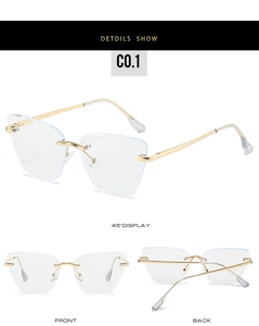 Three-angle view of gold metal temples on lightweight rimless butterfly shaped glasses