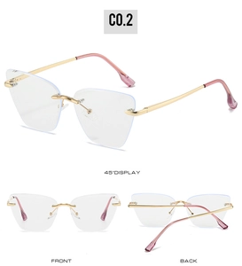 Detailed multi-angle view of lightweight rimless cat-eye glasses with gold metal temples