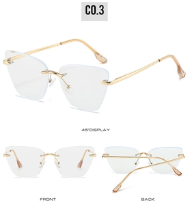 Detail view of gold rimless anti-blue light glasses showing 45-degree, front, and back views