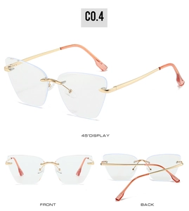Three-way view of gold metal rimless cat-eye glasses showing front, back, and 45-degree angle