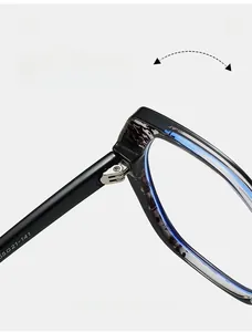 Detailed close-up of metal spring hinge and specifications on TR90 rectangle frames
