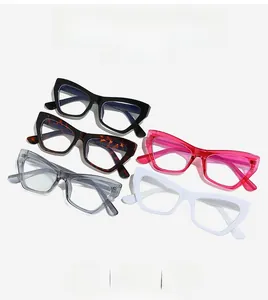 Collection of cat-eye anti-blue light glasses in black, white, pink, grey and tortoise