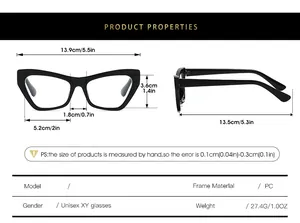Detailed size chart showing dimensions for cat eye fashion glasses frame with PC material