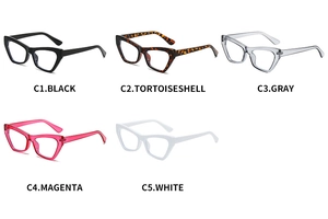 Detailed grid view of cat eye glasses frames in black, tortoiseshell, gray, and white