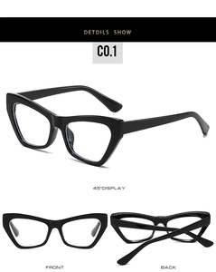 Front, back, and side views of stylish glossy black cat-eye glasses frames for women