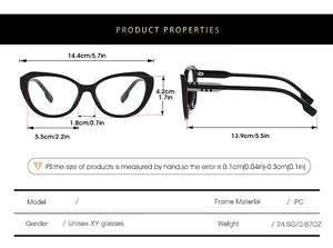 Detailed size chart for cat eye glasses frames showing PC material and dimensions