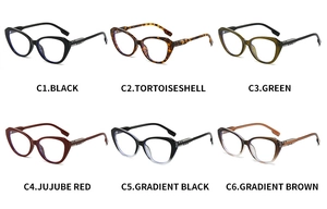 Detailed grid view showing six stylish color options for cat-eye anti-blue light glasses