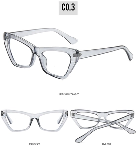Three-angle view of transparent cat eye eyewear frames with high-quality hinges