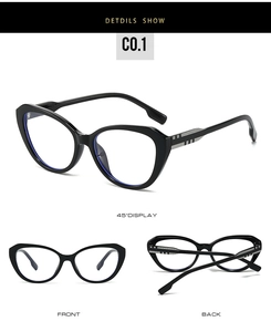 Cat eye glasses featuring black frame and silver stripe detail from multiple view angles