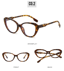 Detailed views of tortoise shell cat-eye glasses frames in dark brown amber finish