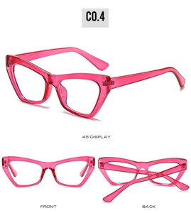 Three-angle view of pink cat-eye fashion glasses showing front, back and 45-degree side details