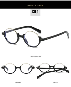 Detail view of round semi-rimless anti-blue light glasses with black and gold frames