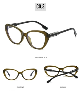 Detailed side view of cat-eye glasses with olive green frame and metallic plaid temple