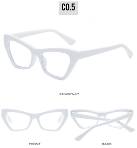 Detailed views of white cat-eye glasses frame with front and back perspective angles