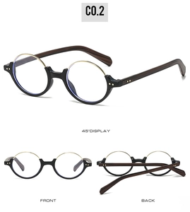 Detailed multi-angle view of retro round half-frame anti-blue light glasses in black and gold
