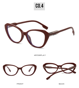 Detailed views of wine red cat eye glasses with classic striped temple decoration