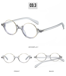 Three-view display of semi-rimless round glasses frames in transparent grey and gold finish