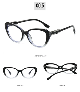 Multiple views showing two-tone cat-eye glasses frame with silver temple details