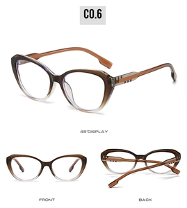 Detailed views of cat-eye frames with tea amber gradient and plaid patterns on the temples