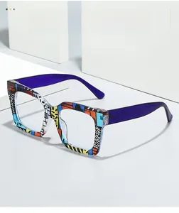 Macro detail of large square eyeglasses frame with colorful patterns and purple temples