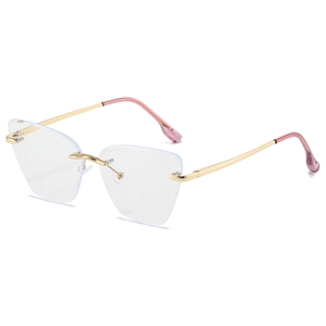 Lightweight rimless geometric glasses with blue light blocking lenses and gold metal frame