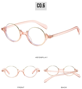 Detailed views of round pink semi-rimless anti-blue light glasses from multiple angles