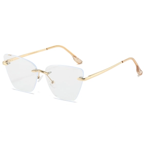 Retro rimless cat-eye glasses with ultra-light gold metal frame and anti-blue light lenses