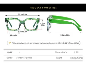Detailed size chart for oversized floral anti-blue light glasses showing PC frame dimensions