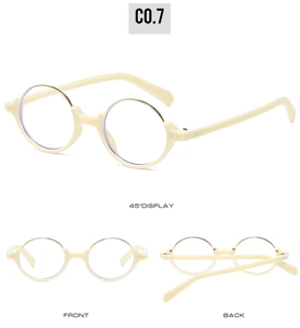 Detailed views of round half-frame blue light blocking glasses in cream and gold