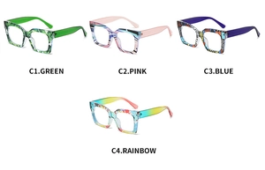 Detail view of large square anti-blue light glasses frames in four colorful patterns