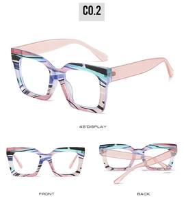 Multiple views of oversized anti-blue light glasses with colorful abstract fluid patterns