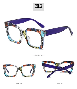 Detailed views of multi-color patterned square frames with purple temples for women