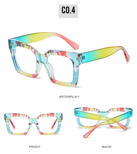 Detailed views of floral print blue light blocking glasses with rainbow gradient temples