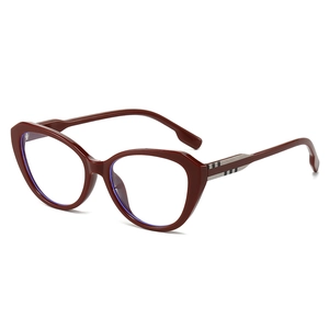 Deep red cat-eye glasses with checkered temple detail on a clean white background