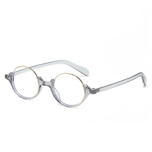Retro round half-rim glasses in transparent grey and gold frame with anti-blue light lenses