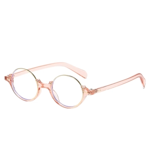 Retro round half-frame anti-blue light glasses with pink rims and gold metal temples