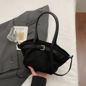 Retro black corduroy tote bag with gold buckle and adjustable crossbody strap