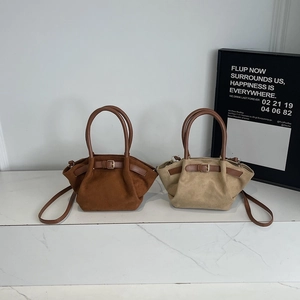 Mini suede tote bags in brown and beige with buckle detail and crossbody straps