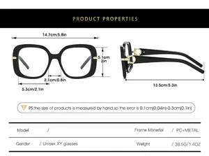 Size chart showing PC and metal square sunglasses dimensions in centimeters and inches