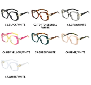 Grid view of square sunglasses in seven colors with decorative gold hinge detail