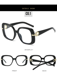 Detailed views of square sunglasses with thick black frames and gold metal hinge accents