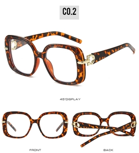 Three views of tortoiseshell square glasses frames with elegant gold G-buckle detail