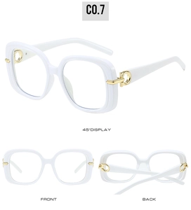 Three perspectives of white square sunglasses with gold metal hinge detail and sleek finish