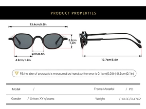 Detailed size chart of unisex black polygon sunglasses frame with precise measurements