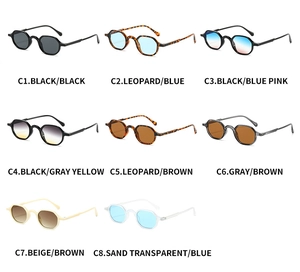 Grid display of vintage geometric sunglasses in eight stylish color variants and frames