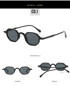 Three-view perspective of hexagonal black retro sunglasses with metal and acetate frames