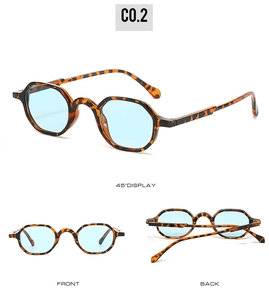 Three-way view of retro tortoiseshell sunglasses with light blue lenses showing all angles