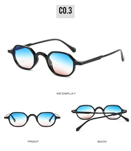 Three-angle display of black frame sunglasses with blue to pink gradient lenses