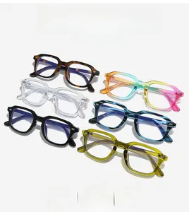 Macro display of retro square PC glasses frames in multiple gradient colors and patterns